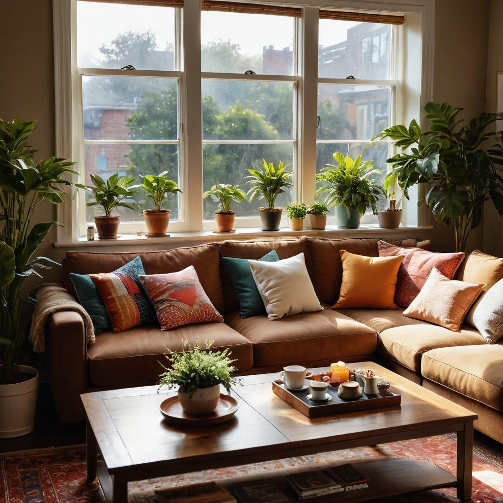 A cozy living room adorned with warm colors, featuring a soft sofa with colorful cushions, a large window letting in sunlight, indoor plants for freshness, and family photos on the walls. A steaming cup of tea rests on a wooden coffee table, symbolizing comfort and contentment. super-realistic. vibrant colors. warm lighting.