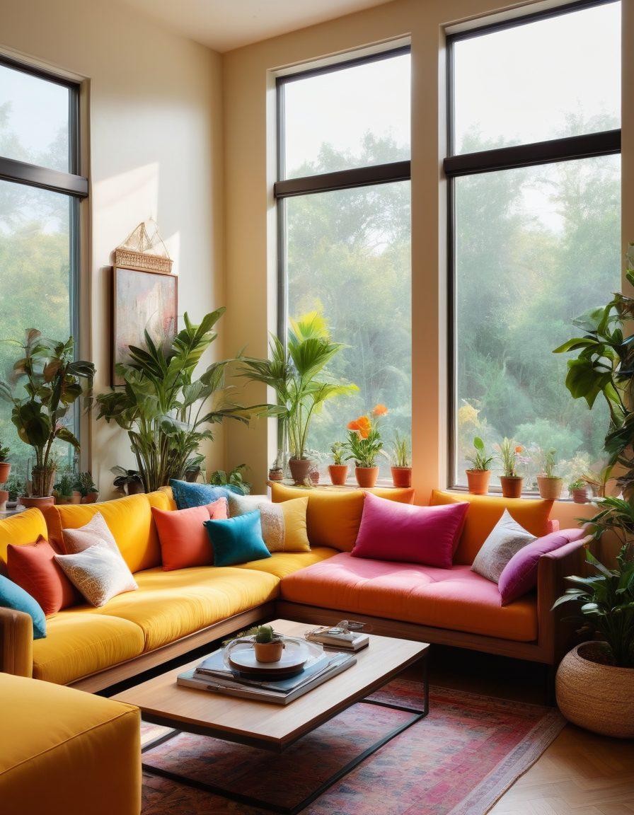 A beautifully decorated living space filled with plants, colorful cushions, and warm lighting, inviting a sense of joy and comfort. Include diverse individuals, smiling and interacting in this vibrant environment, showcasing community connection. Feature cozy furniture and art that inspire happiness and relaxation. Elements of nature, like sunlight streaming through large windows, enhance the uplifting atmosphere. bright colors. super-realistic. cozy ambiance.