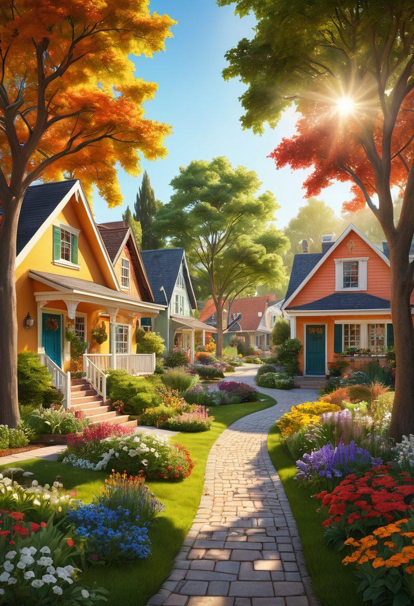 A serene neighborhood filled with colorful happy homes surrounded by lush gardens, children playing outside, and neighbors engaging in friendly conversations. The sun shines brightly, creating a warm and inviting atmosphere, symbolizing joy and community spirit. Incorporate elements of nature, like trees and flowers, to enhance harmony. super-realistic. vibrant colors. warm tones.